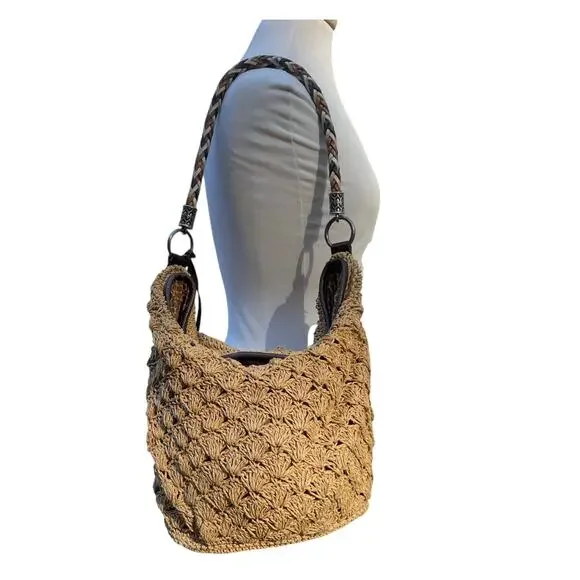 Brighton Straw Crochet Shoulder Bag – Boho Woven Hobo Tote - Picture 11 of 15